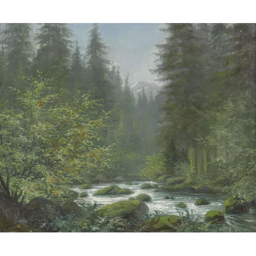 Emil Bauer — Bündner Waldpartie mit Fluss.