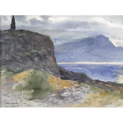 Emil Beurmann — Uferpartie am Gardasee mit Zypresse.