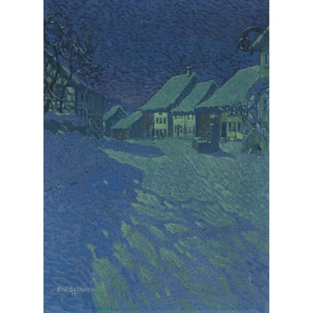 Winterliche Dorfpartie im Mondschein