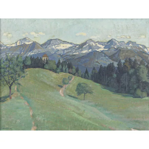 Emil Cardinaux — Frühlingslandschaft mit Strättligturm bei Spiez.