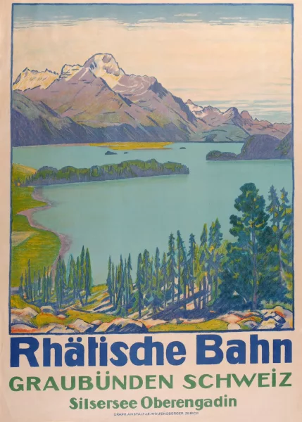 Emil Cardinaux — Plakat. Rhätische Bahn - Graubünden Schweiz - Silsersee Oberengadin