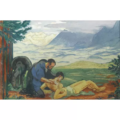 Berglandschaft mit barmherzigem Samariter