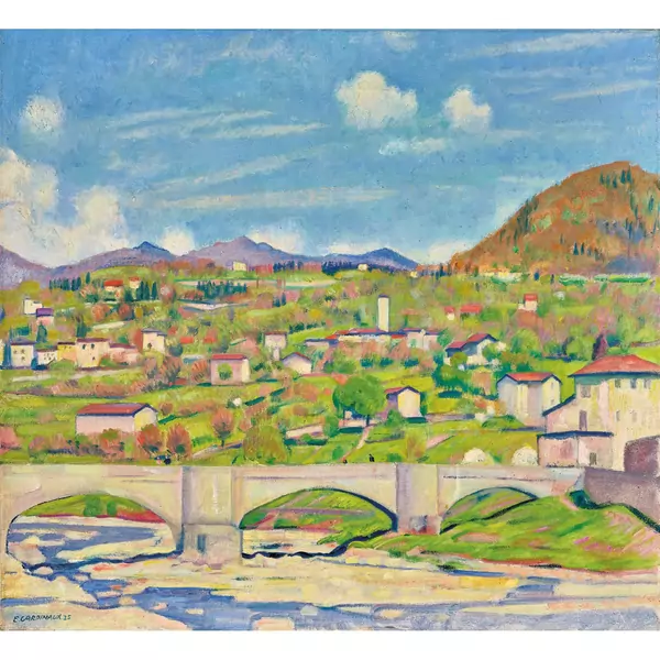 Hügelige Landschaft mit Brücke.