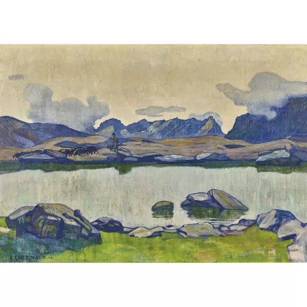 Bergsee mit Schäfer und Schafherde