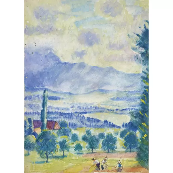 Sommerlandschaft mit Bauern bei der Feldarbeit