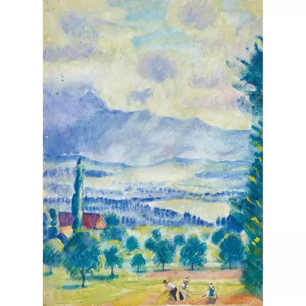 Sommerlandschaft mit Bauern bei der Feldarbeit