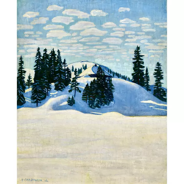 Sonnige Winterlandschaft mit Tannen und Hütte