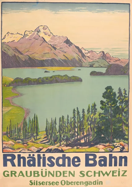 Emil Cardinaux — Plakat. Rhätische Bahn - Graubünden Schweiz - Silsersee Oberengadin