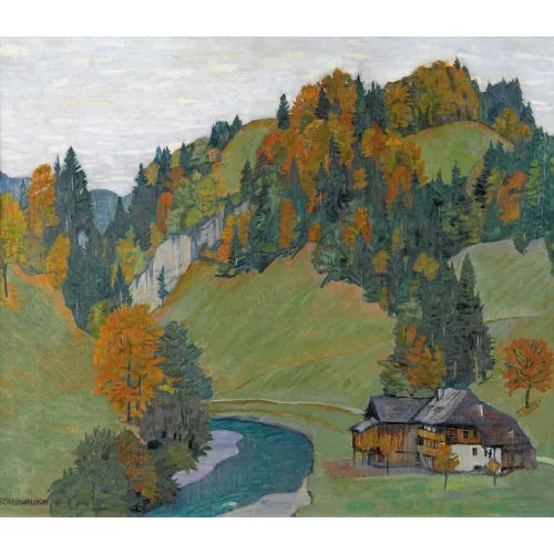 Emil Cardinaux — Herbstlandschaft mit Gehöft an einem Bach.