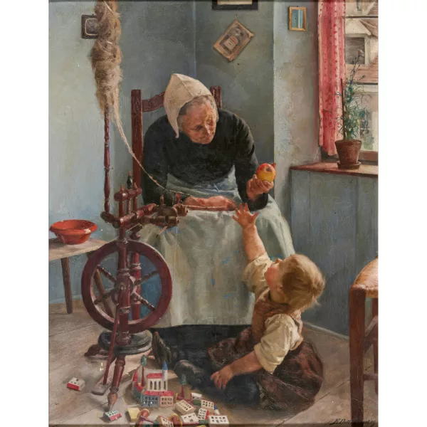 Emil Dill — Interieur mit älterer Frau und Kleinkind am Spinnrad.