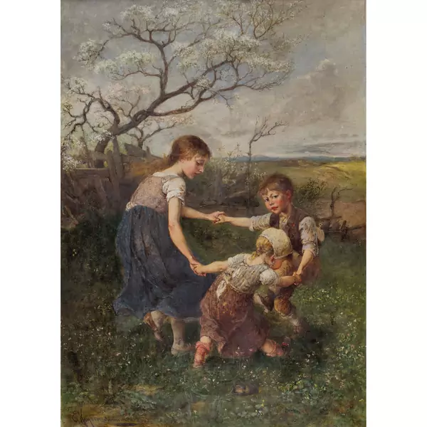 Kinder beim Ringelreihenspiel auf der Frühlingswiese