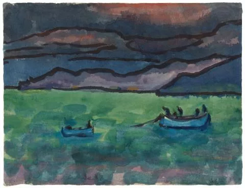 Emil Nolde — See mit zwei blauen Booten vor Berglandschaft
