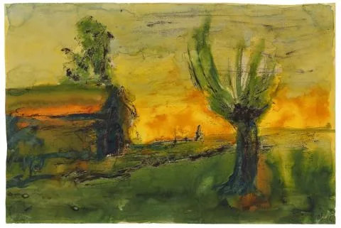 Emil Nolde — Abendliche Marschlandschaft mit Gehöft (Kleine Hütte und struppige Weide, wohl in Küstennähe)