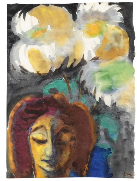 Emil Nolde — Mädchenkopf mit Chrysanthemen