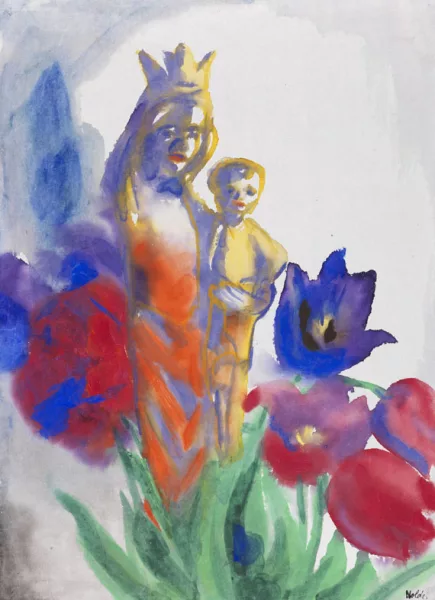 Emil Nolde — Madonnenfigur mit Kind und Tulpen