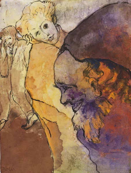 Emil Nolde — Bärtiger Männerkopf im Profil und junges Paar