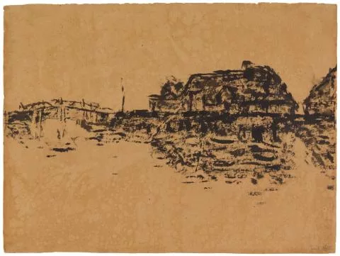 Emil Nolde — Bauernhäuser am See und Brücke (Ruttebüll)