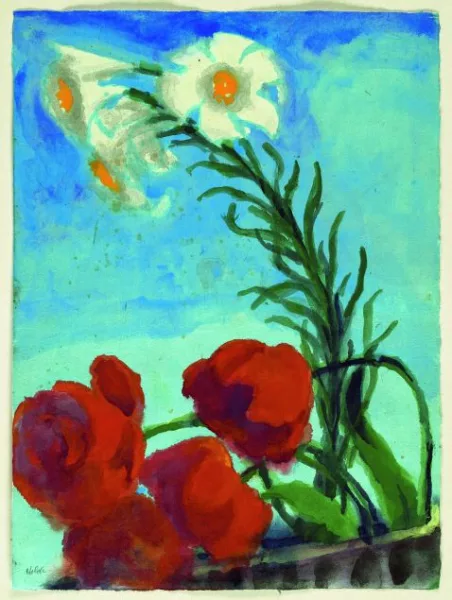 Emil Nolde — Mohn und weiße Lilien vor blauem Grund