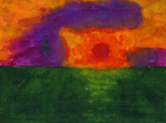 Emil Nolde — Rote, tiefstehende Sonne (über grüner Marschlandschaft)