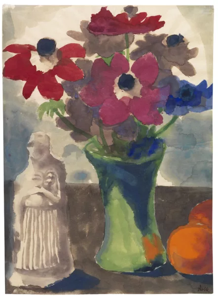 Emil Nolde — Anemonen in grüner Vase, Orangen und eine Skulptur
