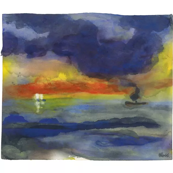 Emil Nolde — Meeraquarell mit rauchendem Dampfer und zwei Seglern vor einem Abendhimmel — Galerie Kornfeld