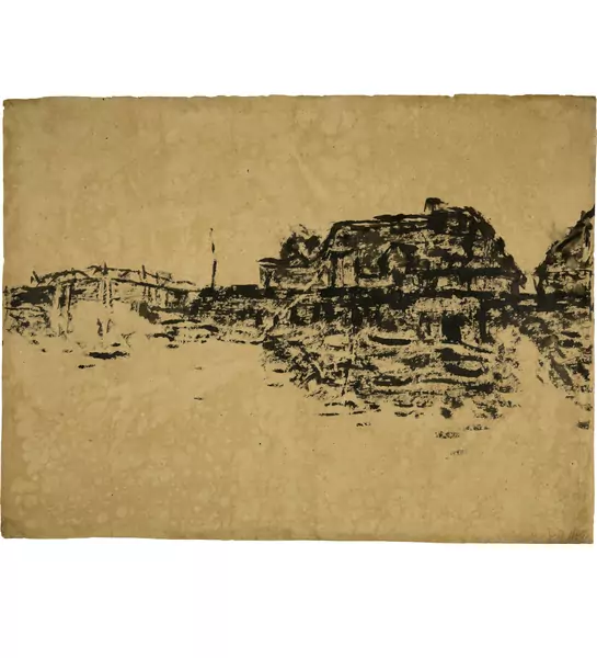Emil Nolde — Bauernhäuser am See mit Brücke (Ruttebüll) — Galerie Kornfeld