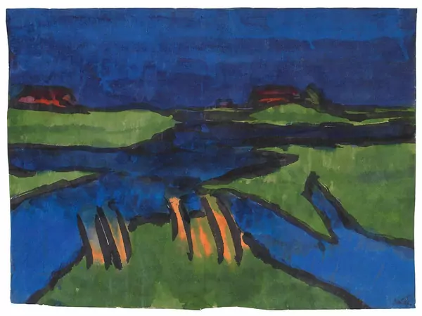 Emil Nolde — Marschlandschaft um Utenwarf mit Bauernhäuser — Galerie Kornfeld