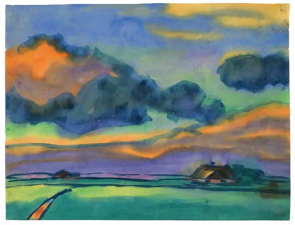 Emil Nolde — Marschlandschaft um Utenwarf (Bauerngehöft unter hohem Himmel) — Galerie Kornfeld