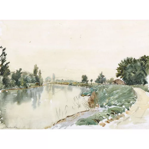 Emil Prochaska — Flussuferpartie mit Bauernhaus.