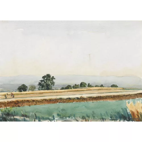 Emil Prochaska — Landschaftspartie mit Bauern auf einem Kornfeld.