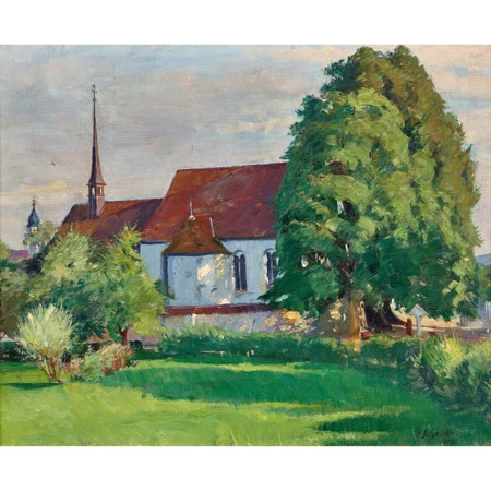 Sonnige Landschaft mit Kirche