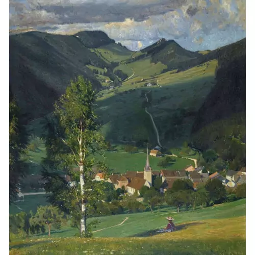 Weite Berglandschaft mit einem Dorf