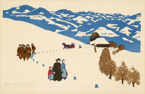 Winterlandschaft, Bauern auf dem Weg zur Predigt