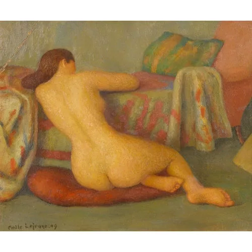 Emile-Alphonse Lejeune — Nu assis au coussin rouge.