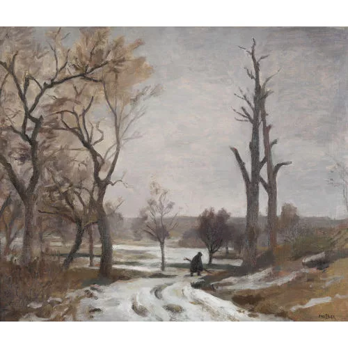 Émile Bressler — Wegpartie mit einem Bauer im Vorfrühling.