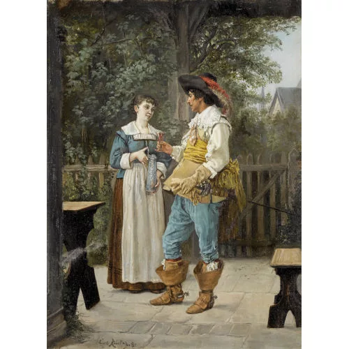 Emile Robellaz — Genreszene mit Musketier und junger Wirtin beim Weintrinken.