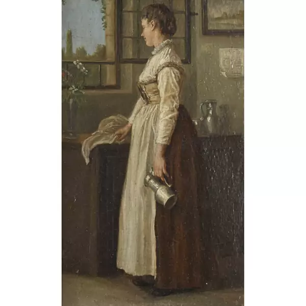 Interieur mit stehender Dame