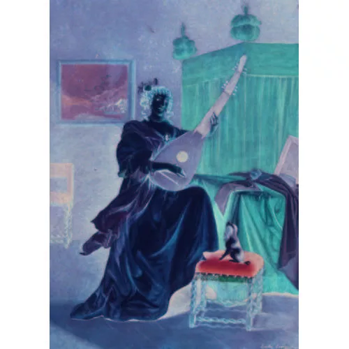 Emilie Linder — Lautenspielerin mit Bologneser Hund.