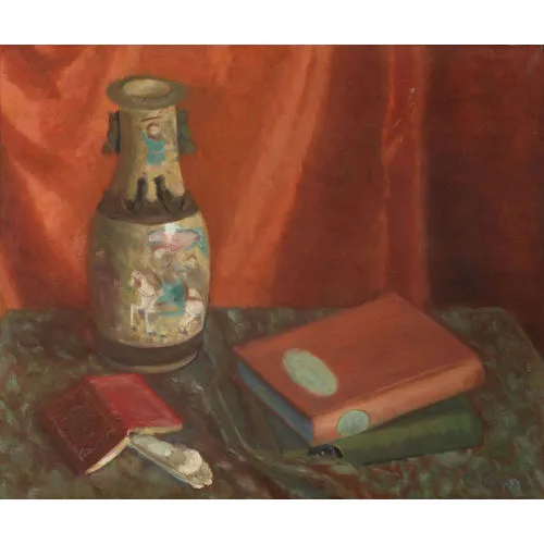 Emma Gressly — Stillleben mit Büchern und asiatischer Vase.