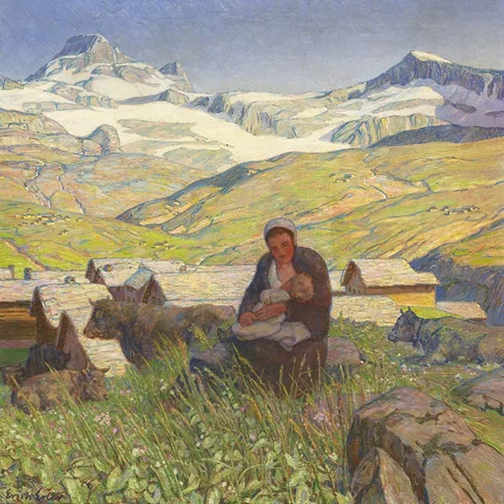 Erich Erler — Berglandschaft mit stillender Bäuerin