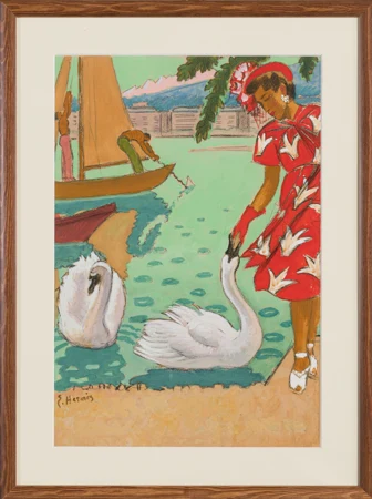 Femme nourrissant les cygnes sur la rade