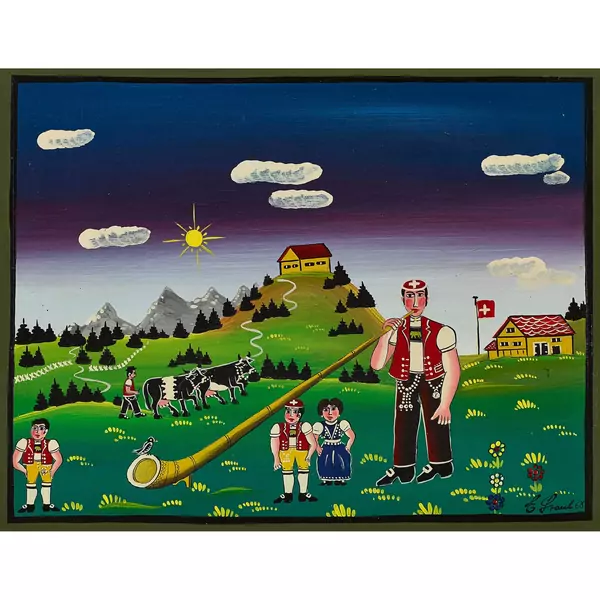 Appenzeller mit Alphorn auf der Weide