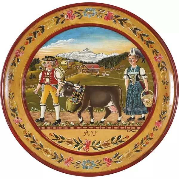 Appenzeller Trachtenpaar mit Kalb vor Säntislandschaft