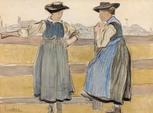 ERNEST BIÉLER — Zwei Walliserinnen. Verso Skizze zu einem Lesenden. — Koller Auktionen