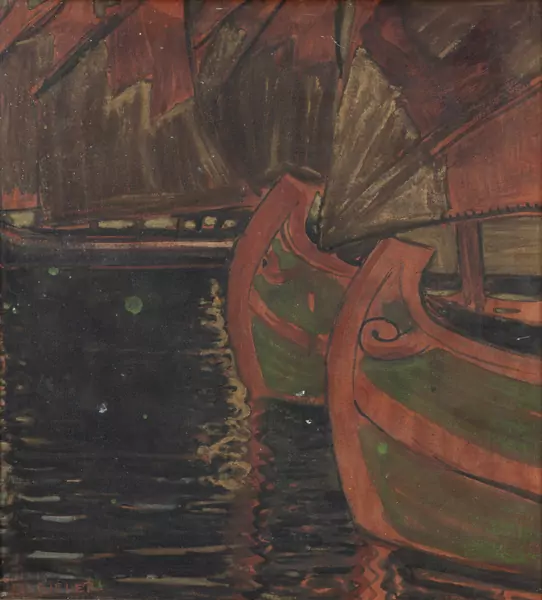 Ernest BIELER (1863-1948), "Bateaux la nuit", aquarelle, encre et rehauts d'or — DognyAuction