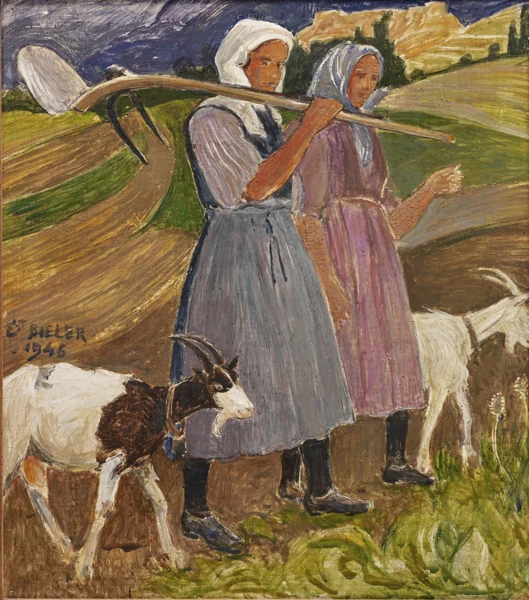 Ernest Biéler — Deux paysannes avec chèvres, 1946