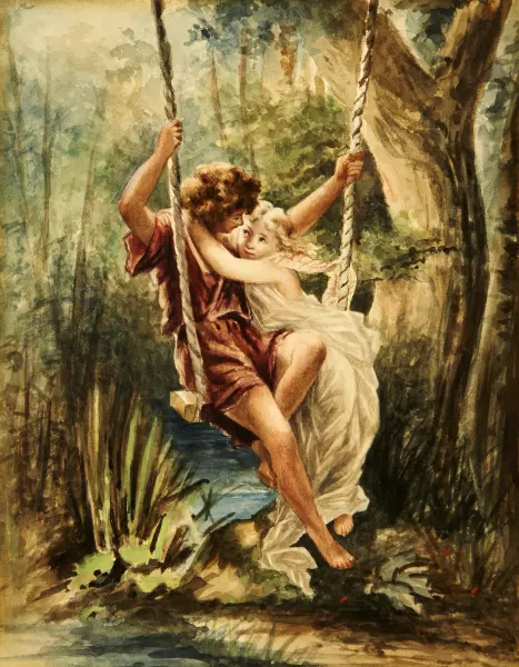 Couple adolescent enlacé sur une escarpolette