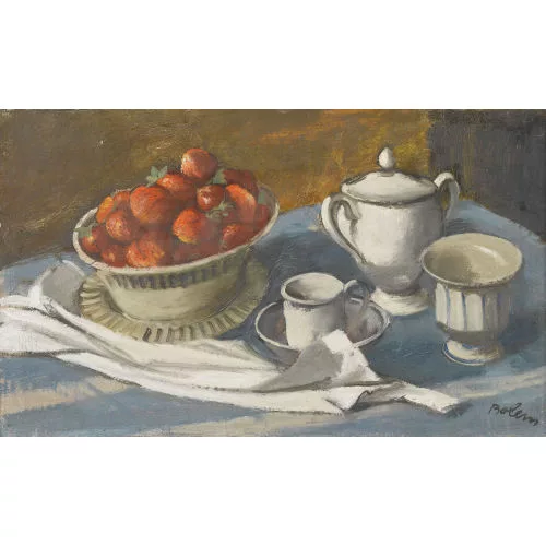 Ernest Bolens — Stillleben mit Erdbeeren und Tafelporzellan.
