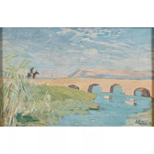 Ernesto Schiess — Mediterrane Landschaft mit Eselreiterin auf Bogenbrücke.