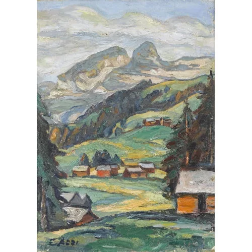 Ernst Aebi — Sommerliche Gebirgsansicht mit Bauernhäusern.